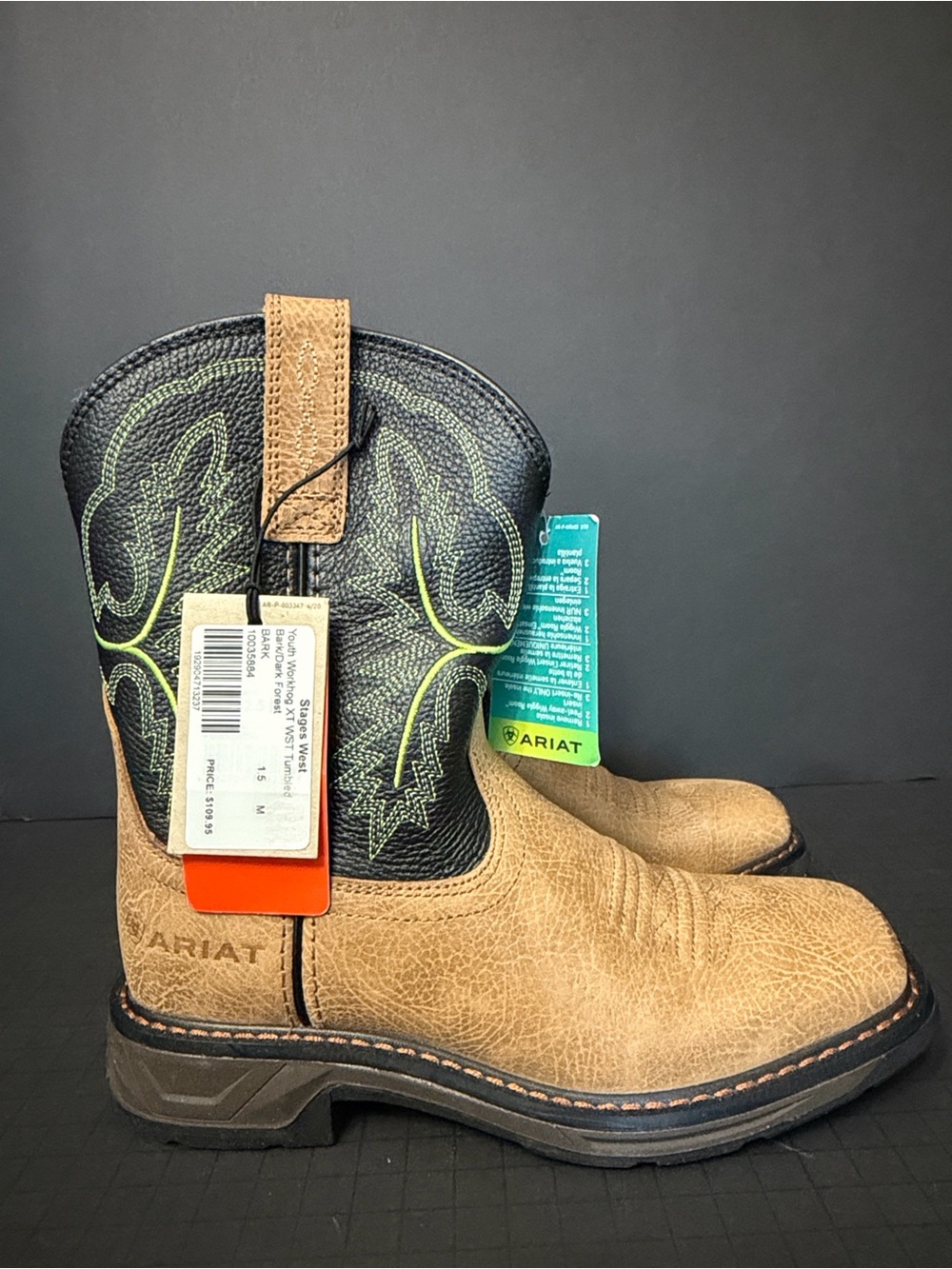 Ariat Tan Foot with Black Shaft Work Boots and Lime Stitching